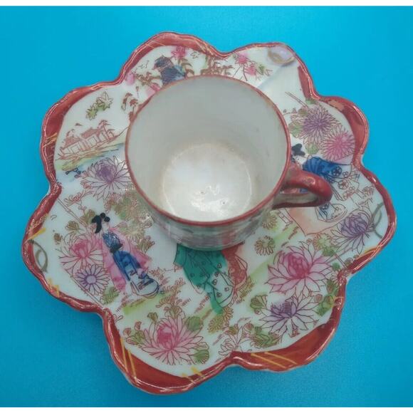 Japanese Kutani Style Porcelain Mug Cup & Saucer Dish – Hand Painted Geishas - Picture 3 of 16